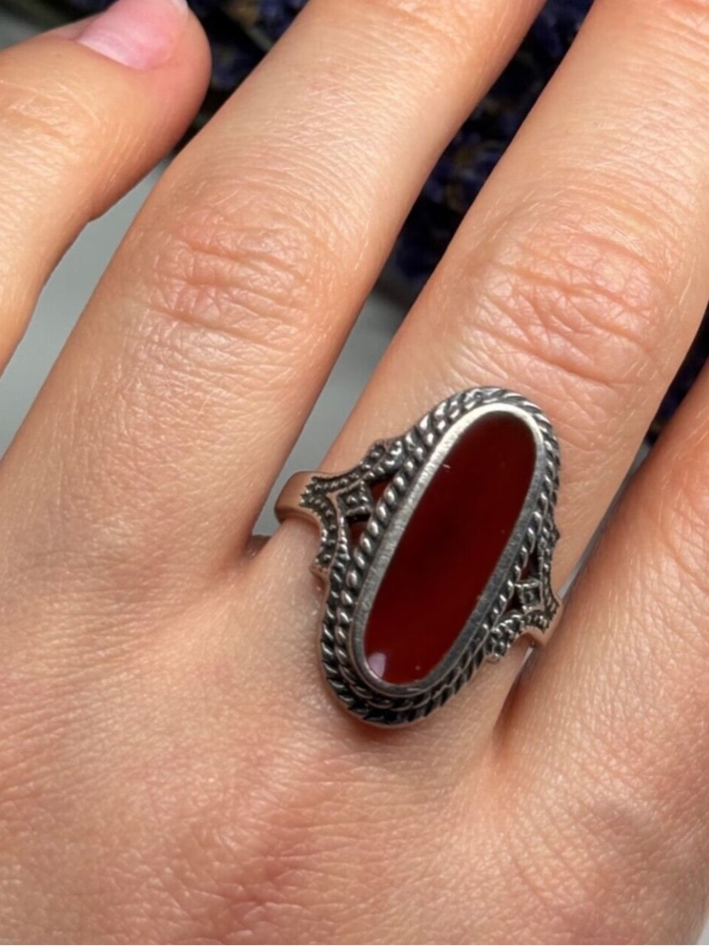 925 Sterling Silver Amber Red Oval Gemstone Ring - Vintage Style